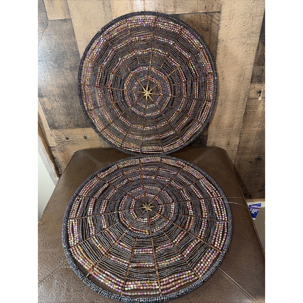 Set Hand Beaded Round Placemat Metallic Glass Seed Bead Spiderweb Starburst‎ Mat